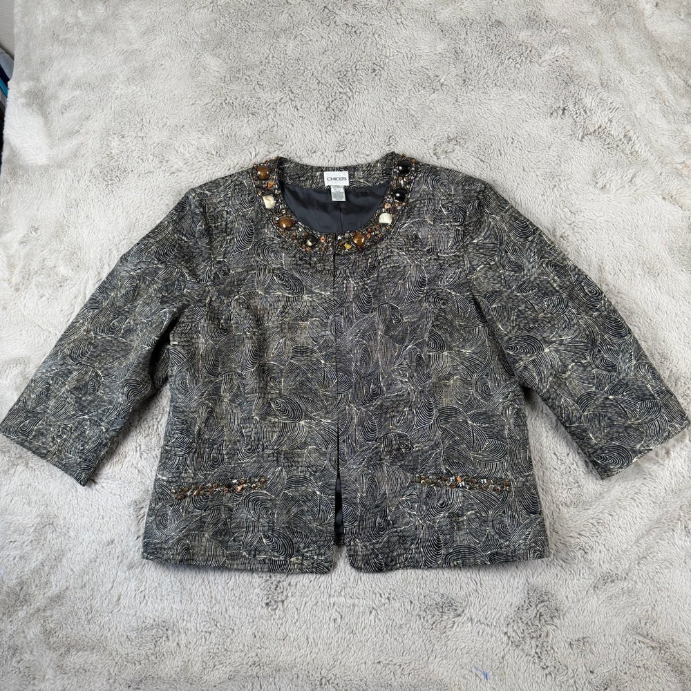 Chico's‎ Embellished Jacket Beaded Neckline 3/4 Sleeve Party Occasion Size 3